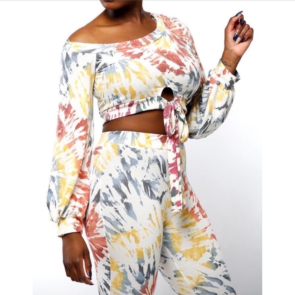 Tie Dye White Scoop Neck Tie-front Cropped Sweater Loungewear Set S… - Picture 2 of 3